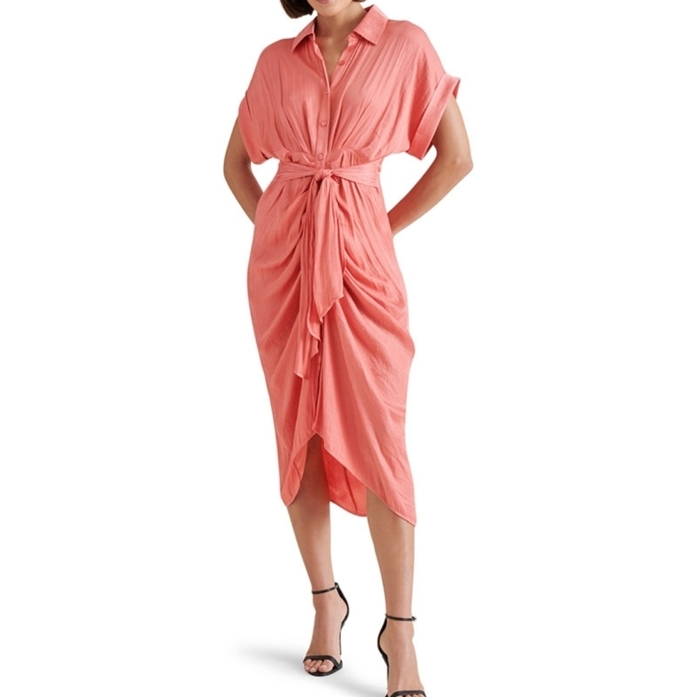 Chic Coral Midi Dress with Tie Waist